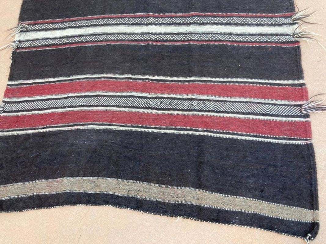 Moroccan Vintage Flat-Weave Black Camel Hair Tribal Rug