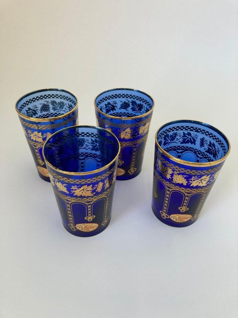Moorish Blue and Gold Crystal Barware Italian Drinking Glasses Set of 4