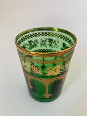 Set of Six Handblown Moroccan Green and Gold Glasses