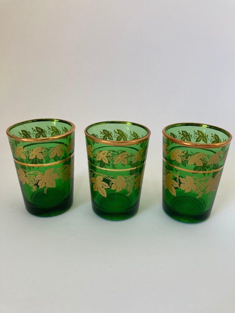 Set of Six Handblown Italian Moorish Green with Gold Shot Glasses