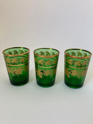 Set of Six Handblown Italian Moorish Green with Gold Shot Glasses