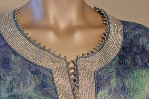 Moroccan Moorish Caftan Maxi Dress Brocade Aquamarine Blue and Silver Size M L