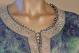 Moroccan Moorish Caftan Maxi Dress Brocade Aquamarine Blue and Silver Size M L