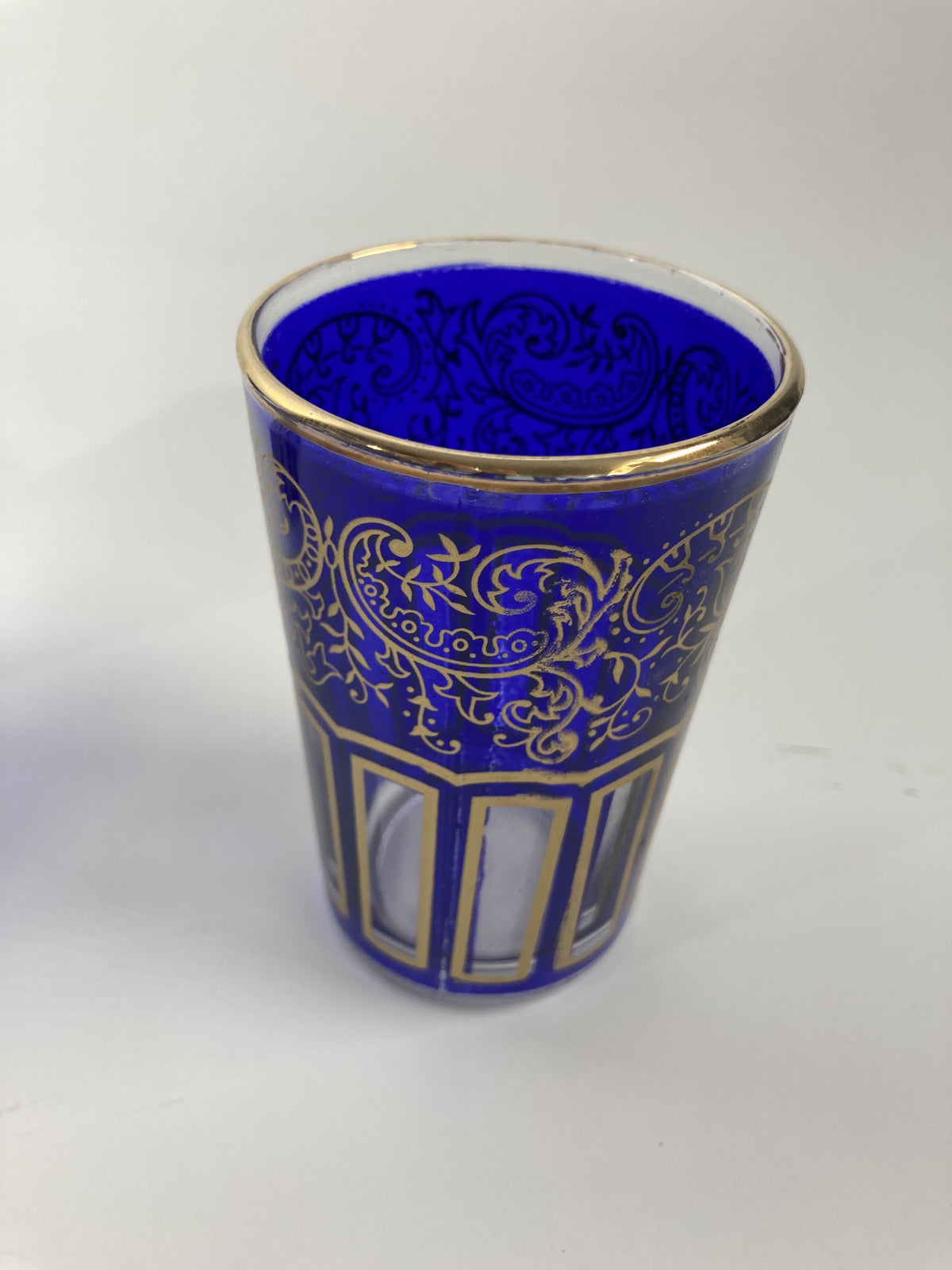 Moroccan Royal Blue Shot Glasses Set of Six, Gold Moorish Design, 1980