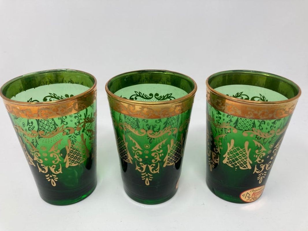 Set of Six Handblown Moorish Green and Gold Tea Glasses