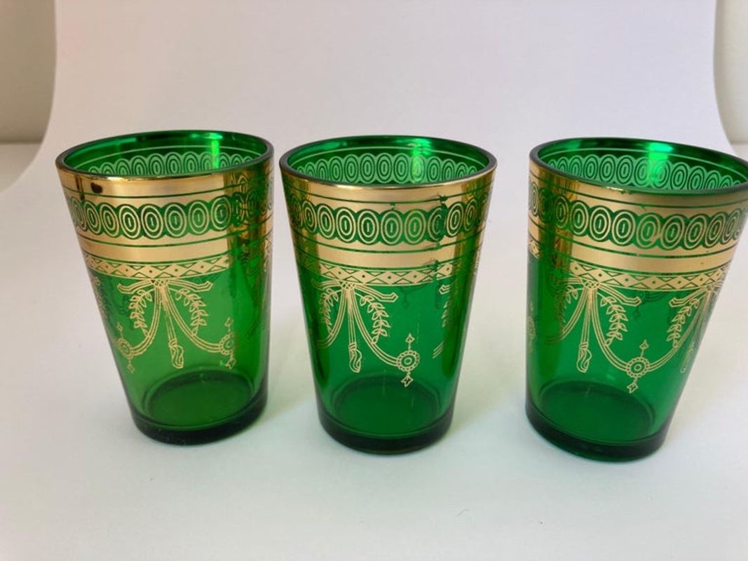 Set of Six Handblown Moroccan Moorish Green and Gold Glasses
