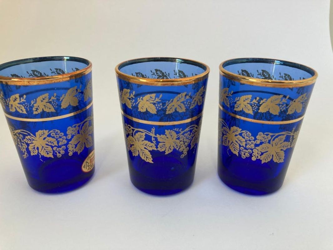 Set of Six Handblown Moorish Blue and Gold Glasses