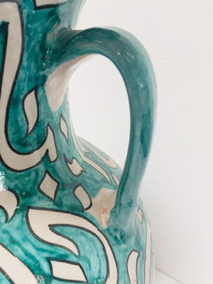 Large Moroccan Glazed Ceramic Vase With Arabic Calligraphy Turquoise Writing Fez