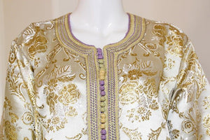 Moroccan Vintage Caftan in Gold Metallic Brocade, Maxi Gown Dress Kaftan