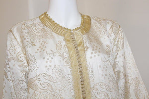 Elegant Moroccan White Caftan with Gold Metallic Floral Brocade