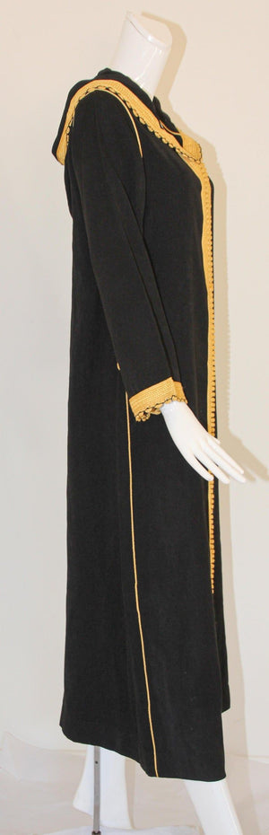 Vintage Moroccan Caftan, Hooded Black and Gold Trim Kaftan Circa 1970's
