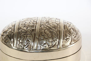 Asian Handcrafted Oval Betel Box in Metal Silvered