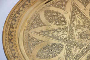 Antique Moroccan Brass Tray Star Etched Collectible Polished Platter 22.5 in. D.