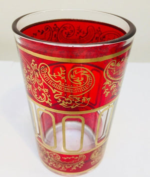 Set of Six Ruby Red Glasses with Gold Raised Moorish Frieze Design