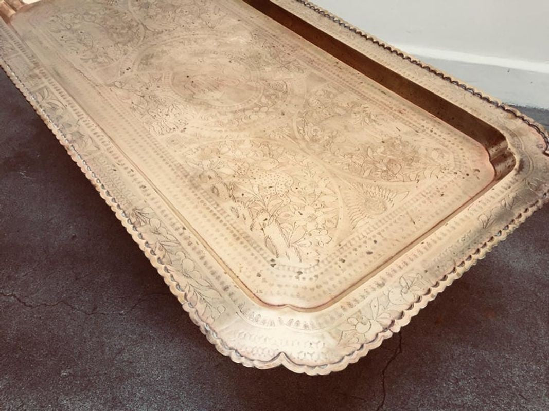 1960s Boho Chic Rectangular Brass Tray Coffee Table