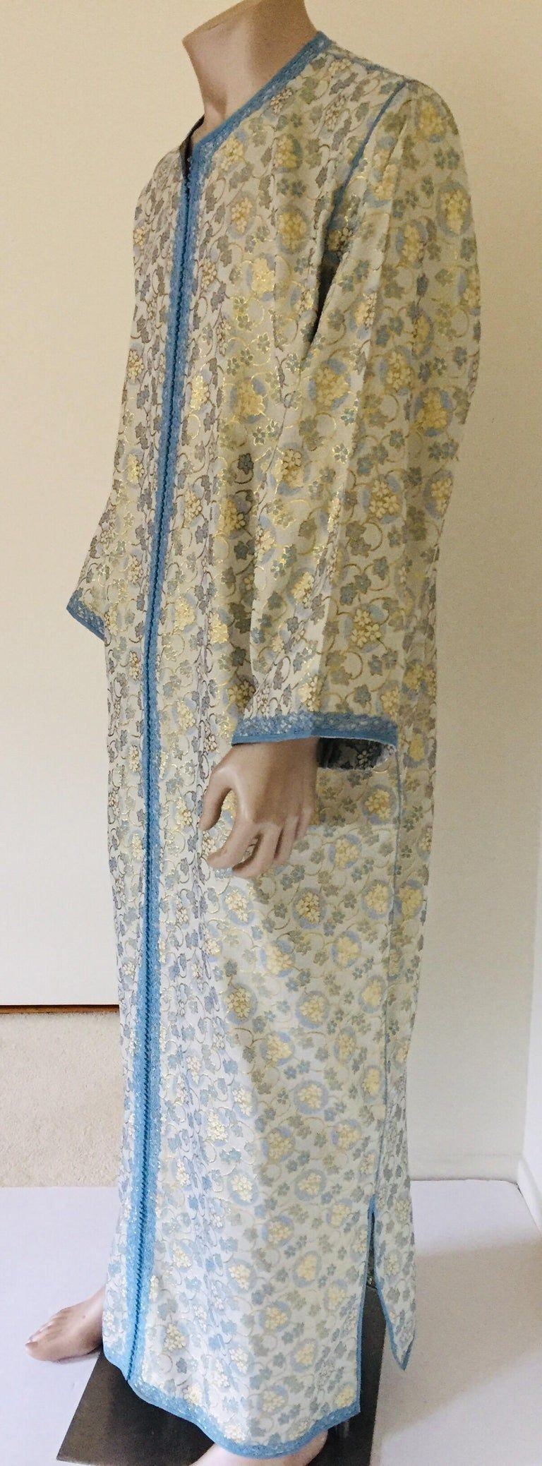 Metallic Blue and Silver Brocade 1970s Maxi Dress Caftan, Evening Gown Kaftan