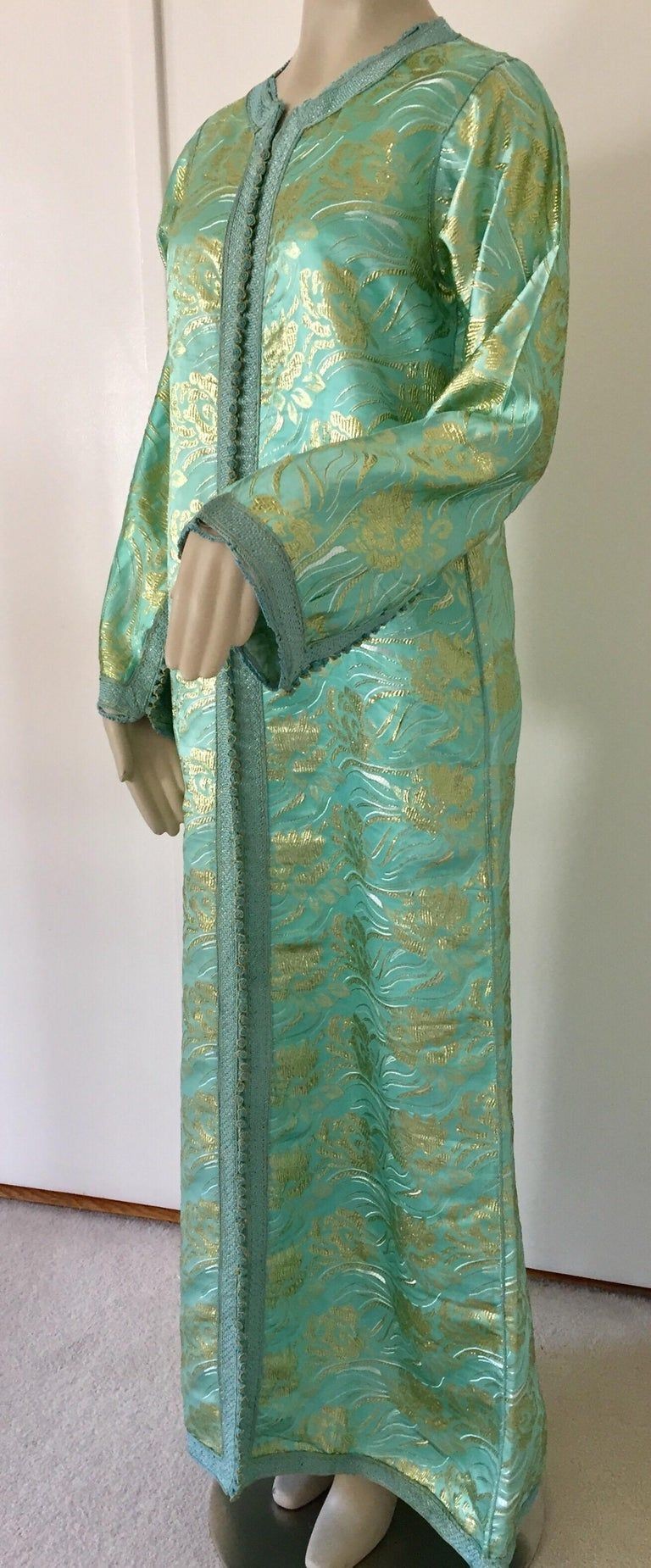Moroccan Kaftan in Aqua and Gold Floral Brocade Metallic Lame