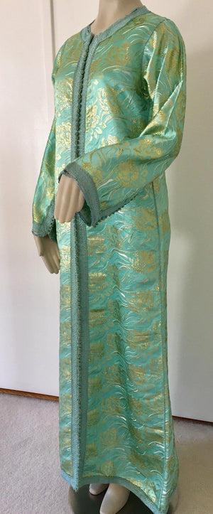 Moroccan Kaftan in Aqua and Gold Floral Brocade Metallic Lame
