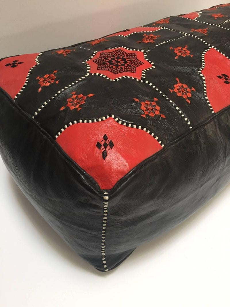 Vintage Moroccan Leather Rectangular Pouf in Red and Black