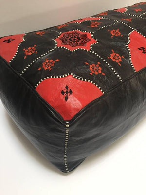 Vintage Moroccan Leather Rectangular Pouf in Red and Black