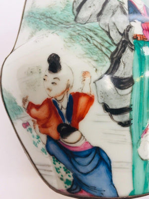 Vintage Trinket Metal Box with Porcelain Top Hand Painted Asian Scene