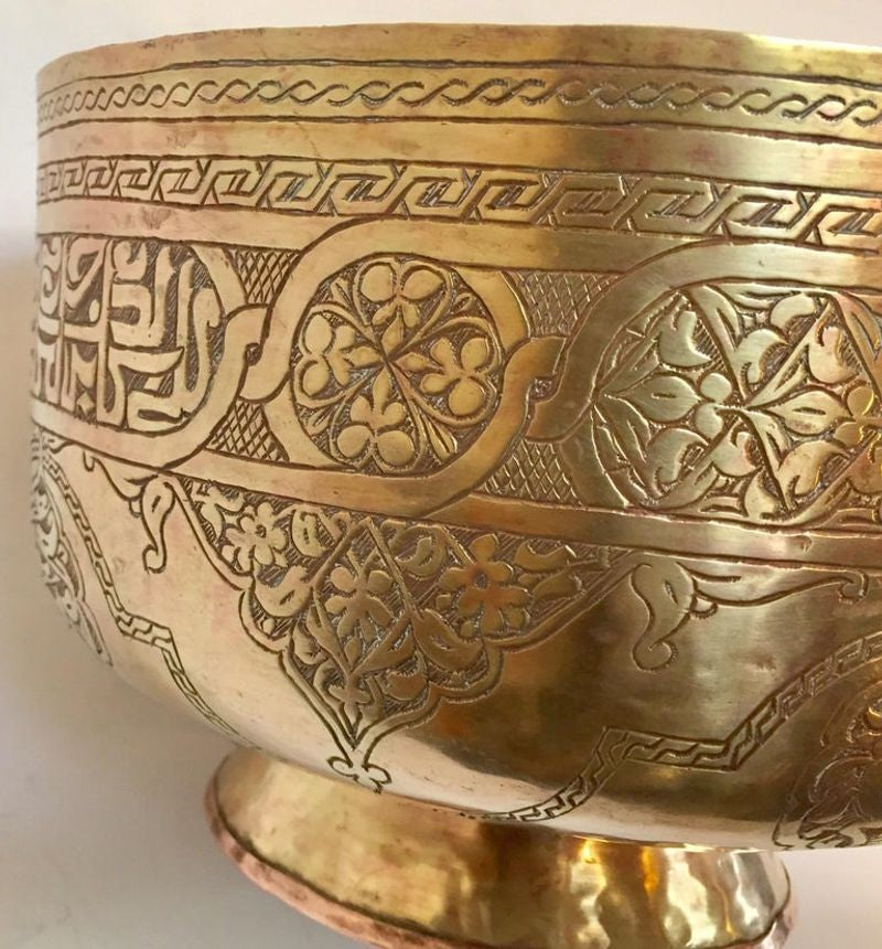 Antique Islamic Hand-Etched Arabian Footed Brass Bowl