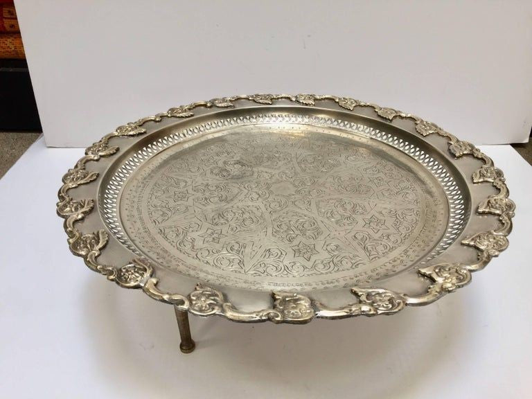 Moroccan Polished Round Footed Silvered Tray Table