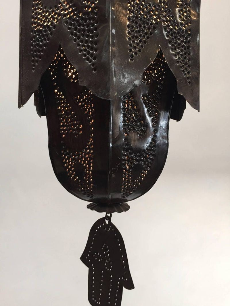 Moorish Handcrafted Metal Lanterns Pendants with Hand of Fatima, North Africa