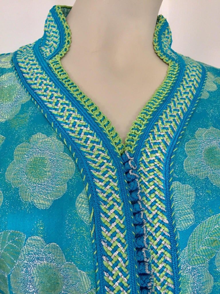 Moroccan Kaftan in Turquoise and Gold Floral Brocade Metallic Lame