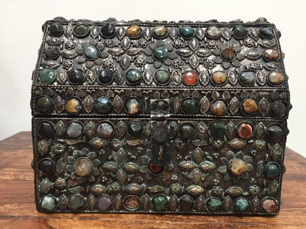 Large Moroccan Wedding Silvered Jewelry Box Inlaid with Semi-Precious Stones