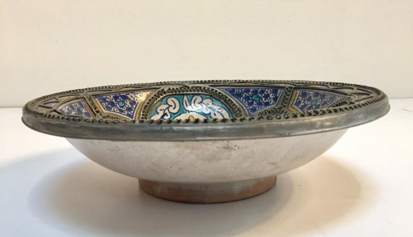 Moroccan Ceramic Plate Adorned with Silver Filigree from Fez