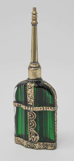 Moorish Emerald Green Glass Perfume Bottle Sprinkler with Embossed Metal Overlay