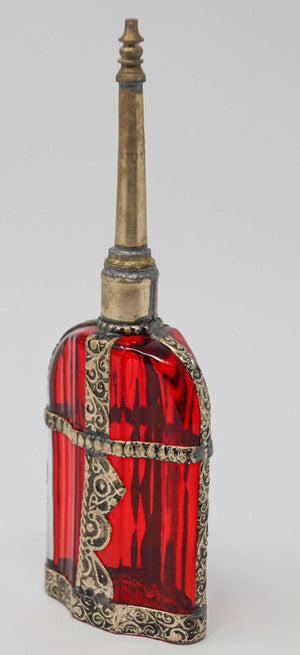 Moroccan Red Glass Perfume Bottle Sprinkler with Embossed Metal Overlay