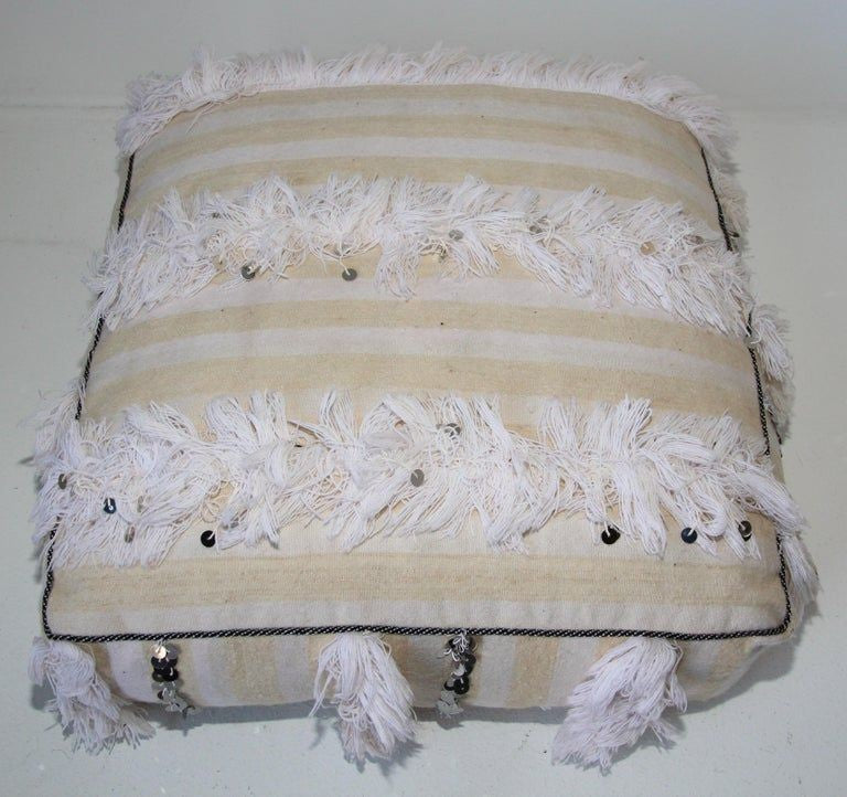 Moroccan White Floor Pillow with Silver Sequins and Long Fringes