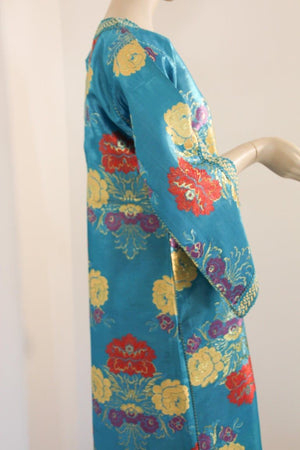 Elegant Moroccan Caftan in Blue Metallic Floral Brocade