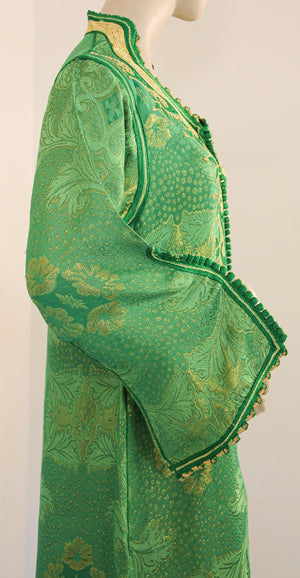 Elegant Moroccan Caftan Emerald Green and Gold Metallic Brocade
