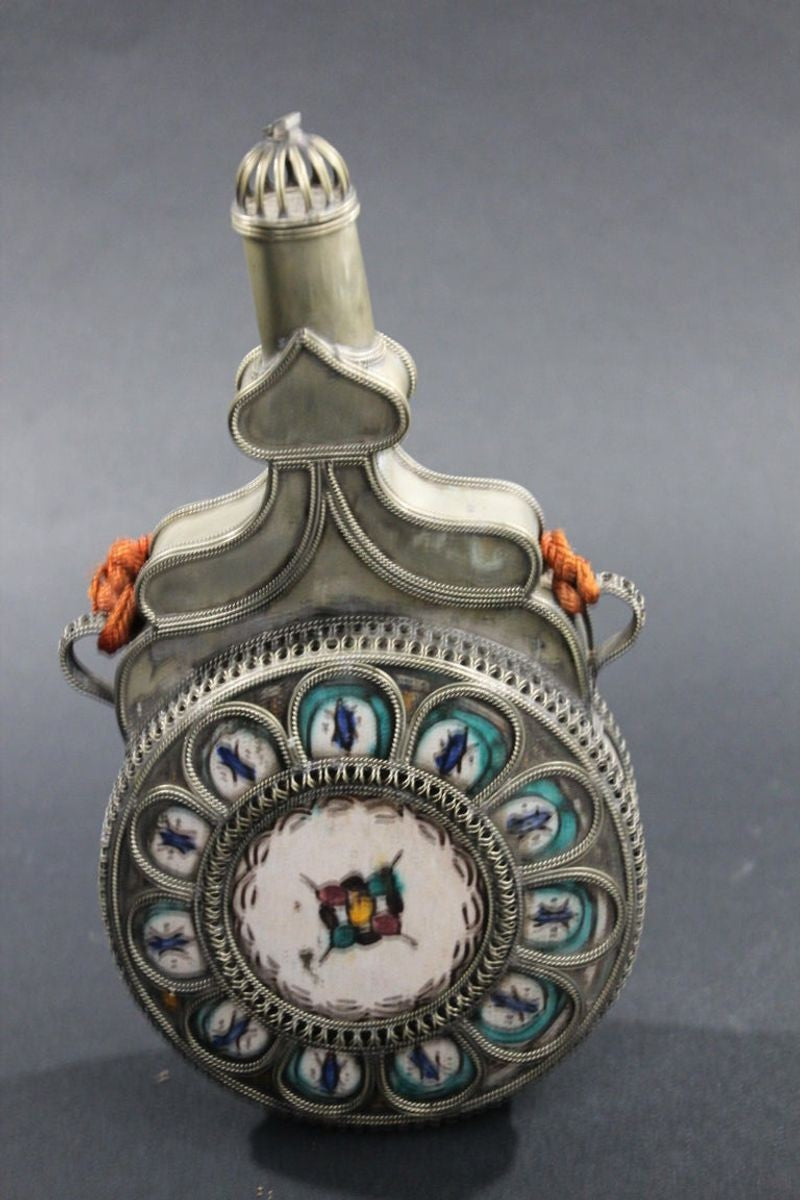 Moroccan Ceramic Flask Bottle from Fez with Silvered Filigree