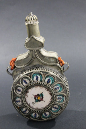 Moroccan Ceramic Flask Bottle from Fez with Silvered Filigree