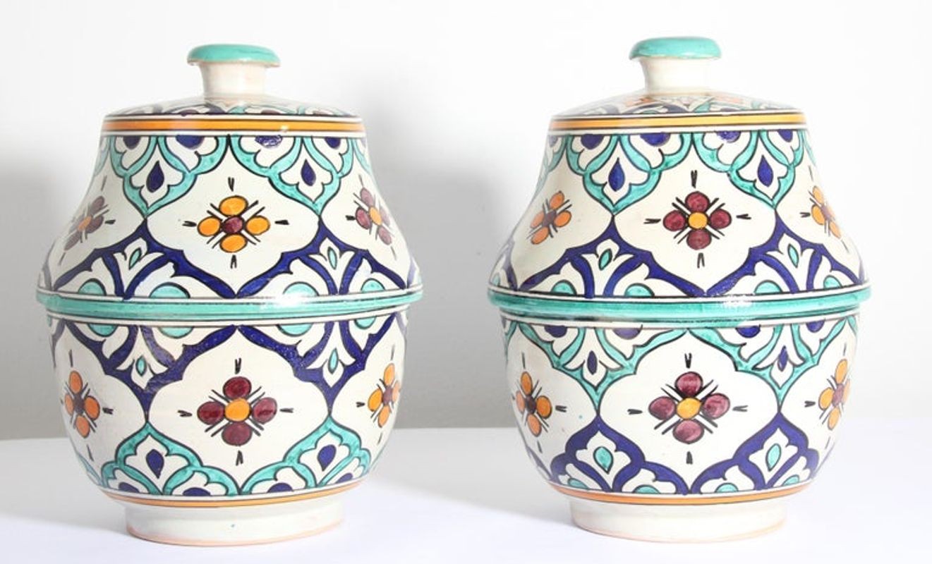 Moorish Ceramic Glazed Covered Urns Handcrafted in Fez Morocco