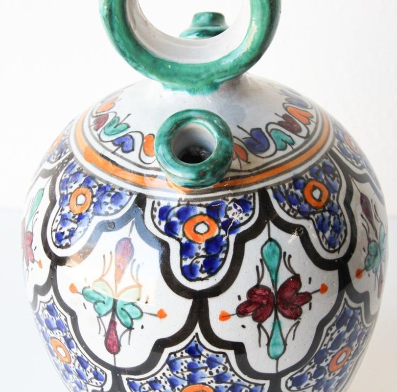 Moorish Ceramic Glazed Water Jug Handcrafted in Fez Morocco