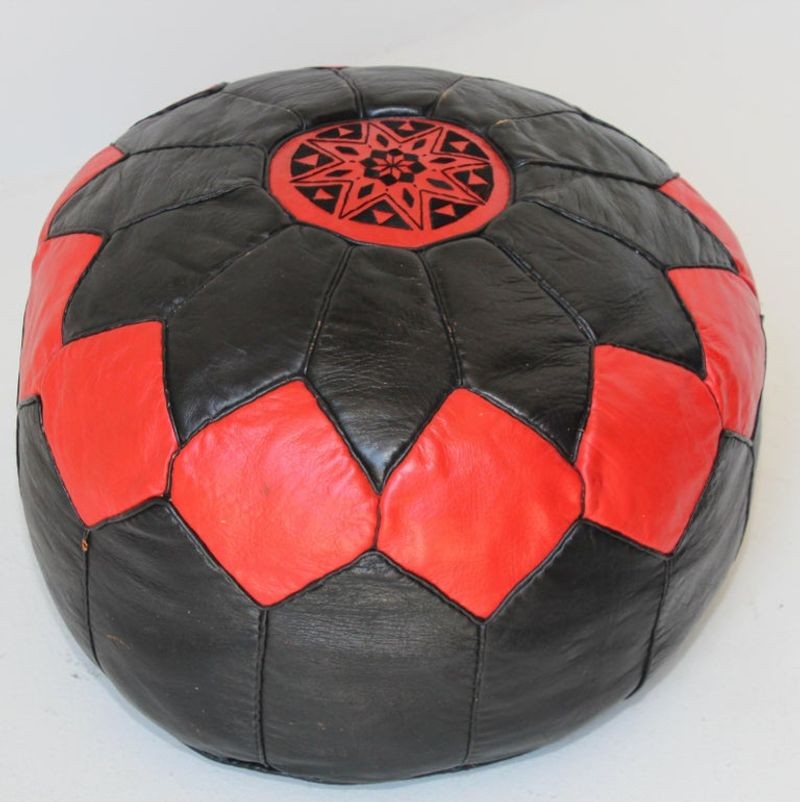 Vintage Moroccan Leather Pouf Hand-Tooled in Marrakesh Red and Black
