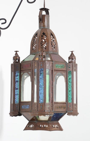 Vintage Moroccan Moorish Metal and Stained Glass Lantern or Pendant