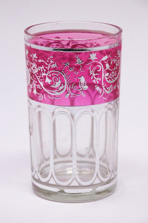 Set of Six Pink Glasses with Silver Raised Moorish Design