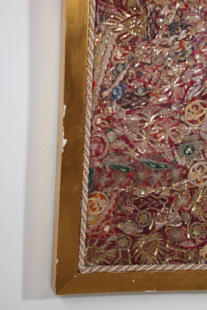 Mughal Embroidered Metal Threaded Tapestry from Rajasthan Framed