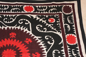 Vintage Samarkand Suzani, Uzbekistan Embroidered Textile Red and Black