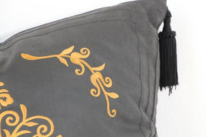 Embroidered Black Silk Decorative Throw Pillow with Tassels