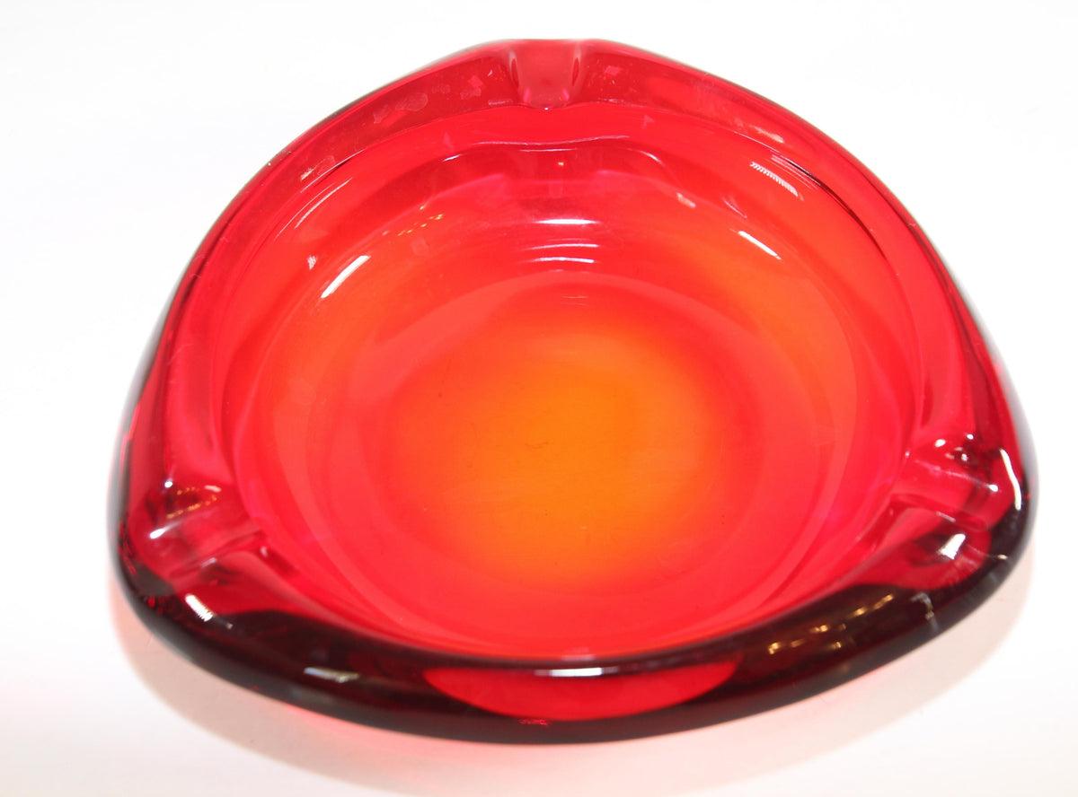 Vintage Mid-Century Glass Ashtray Ruby Red Triangular