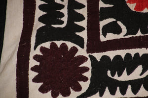 Vintage Red and Black Samarkand Suzani, Uzbekistan Embroidered Textile