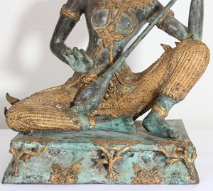 Asian Thai Gilt Vintage Bronze Statue of a Prince Playing Music