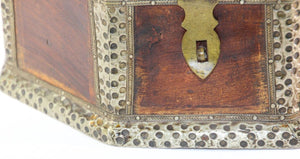 Large Asian Decorative Wooden Jewelry Box with Hammered Brass Metal Overlay